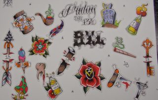 A tattoo flash sheet featuring various designs themed around "Friday the 13th," including a tombstone, knives, flowers, a snake, and the number 13.