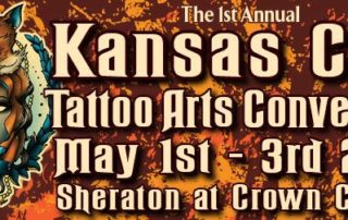 Banner for the 1st Annual Kansas City Tattoo Arts Convention, May 1st-3rd, 2015, at Sheraton at Crown Center. Features an artistic face with a fox headdress.