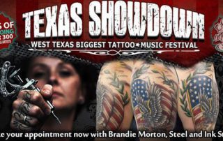 A tattooed person holds a tattoo machine. Text reads: "Texas Showdown: West Texas Biggest Tattoo & Music Festival. 3 days of tattooing. Make your appointment now with Brandie Morton, Steel and Ink Studio.